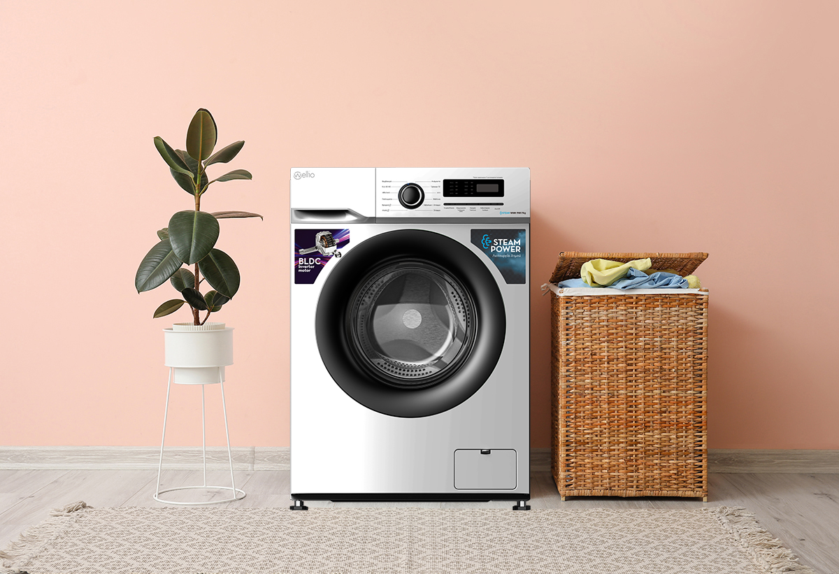 Στη φωτογραφία απεικονίζεται το πλυντήριο σε ένα δωμάτιο με διάφορα αντικείμενα τοποθετημένα γύρω του